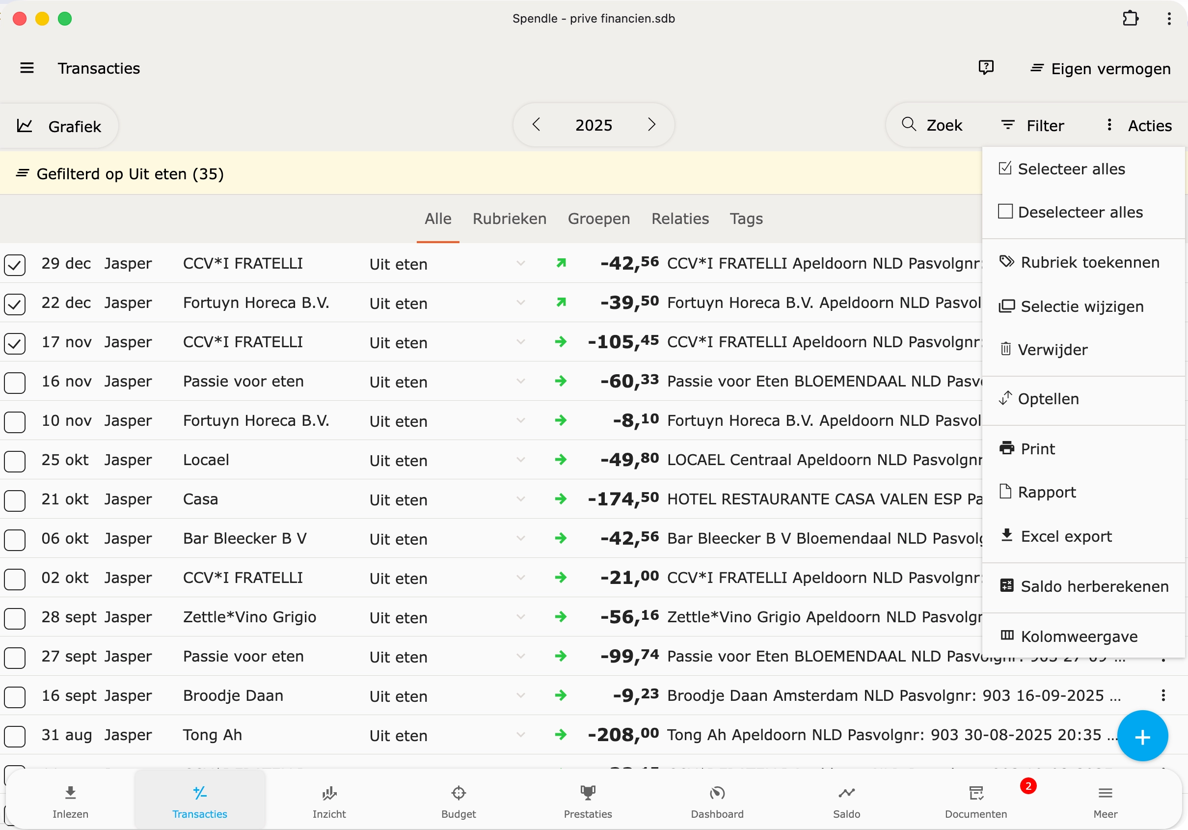 Transacties selecteren en exporteren naar Excel